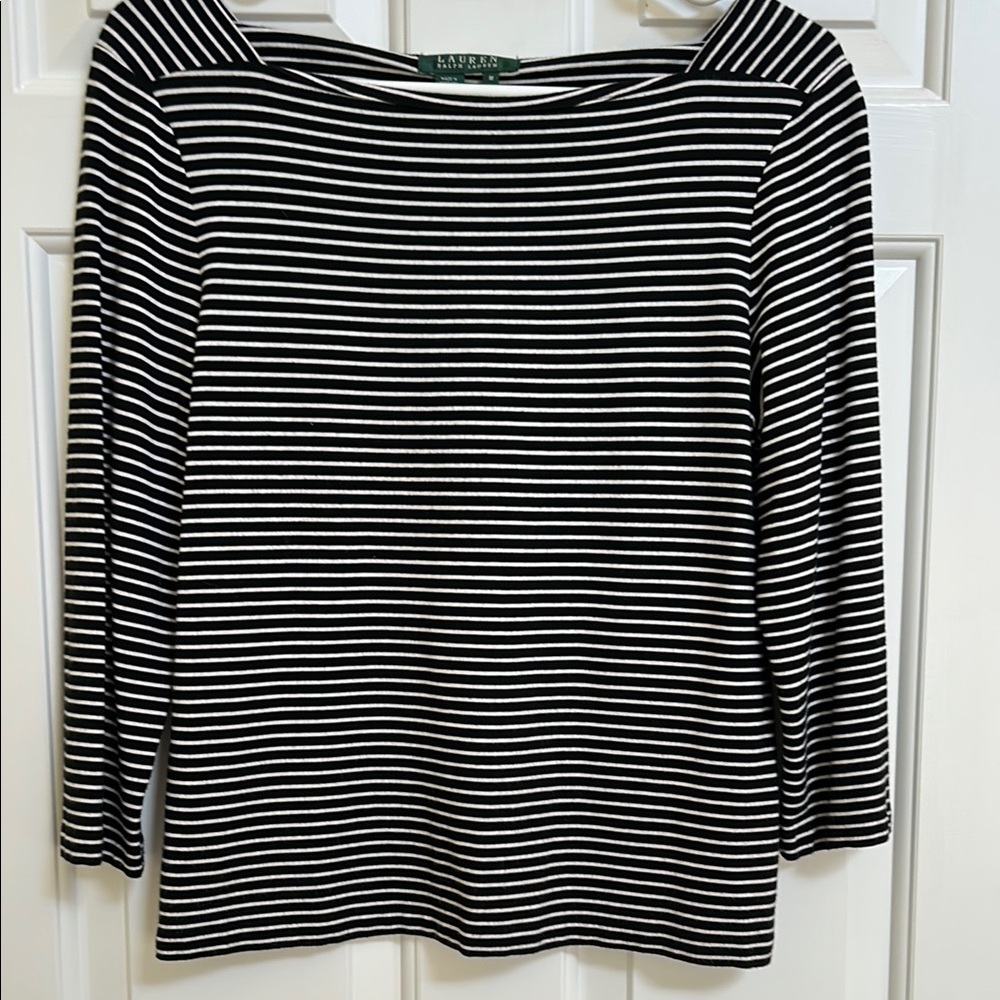 Women’s Lauren Ralph Lauren Black and White Fitted 3/4 Sleeve Blouse Rayon